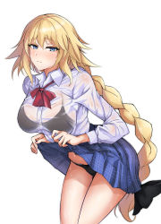 Rule 34 | 1girl, absurdres, alternate costume, black bow, black bra, black panties, blonde hair, blue eyes, blue skirt, blush, bow, bra, braid, breasts, closed mouth, clothes lift, collared shirt, contemporary, dress shirt, fate/apocrypha, fate (series), hair between eyes, hair bow, highres, jeanne d&#039;arc (fate), jeanne d&#039;arc (ruler) (fate), large breasts, lifted by self, long hair, long sleeves, looking at viewer, low-tied long hair, panties, red neckwear, see-through, shirt, shitamichi, simple background, single braid, ski lift, skirt, skirt lift, sweat, thighs, underwear, very long hair, white background, white shirt