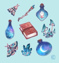 Rule 34 | blue background, book, bottle, bug, commentary, constellation, crystal, english commentary, eyanin, highres, insect, moth, mushroom, no humans, original, potion, wand
