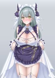 Rule 34 | 1girl, absurdres, alternate costume, animal ears, apron, azur lane, blush, breasts, cat ears, cheshire (azur lane), cheshire (azur lane) (cosplay), cleavage, clothes lift, commission, cosplay, cotatubo, cowboy shot, detached sleeves, dress, dress lift, enmaided, fake animal ears, frilled hairband, frills, full-face blush, garter straps, green hair, grey background, hair between eyes, hairband, highres, lace, lace-trimmed thighhighs, lace trim, large breasts, long hair, looking at viewer, maid, maid headdress, purple apron, revenge (azur lane), simple background, skeb commission, solo, thighhighs, white garter straps, white thighhighs, wrist cuffs, yellow eyes