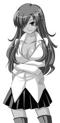 Rule 34 | 00s, 1girl, boots, breasts, cleavage, greyscale, hair over one eye, kirche augusta frederica von anhalt zerbst, large breasts, monochrome, solo, thigh boots, thighhighs, yuuji overall, zero no tsukaima, zettai ryouiki