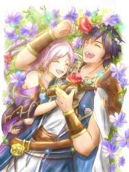 Rule 34 | 1boy, 1girl, armpits, artist request, bare shoulders, belted dress, blue eyes, blue hair, breasts, brown eyes, capelet, chrom (fire emblem), cleavage, clenched hands, closed eyes, collarbone, couple, day, dress, eyelashes, fingerless gloves, fingernails, fire emblem, fire emblem awakening, fire emblem heroes, flower hair ornament, gloves, hair between eyes, happy, highres, hug, intelligent systems, laughing, long dress, long hair, matching hair/eyes, medium breasts, nature, neck, nintendo, official alternate costume, on grass, outdoors, parted bangs, robin (female) (fire emblem), robin (female) (valentine) (fire emblem), robin (fire emblem), short hair, sidelocks, sleeveless, sleeveless dress, smile, toned, toned male, twintails, white hair