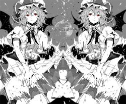 Rule 34 | 1girl, bad id, bad pixiv id, brooch, character name, female focus, greyscale, hat, hat ribbon, jewelry, kyer, monochrome, moon, puffy short sleeves, puffy sleeves, red eyes, remilia scarlet, ribbon, short hair, short sleeves, symmetry, touhou