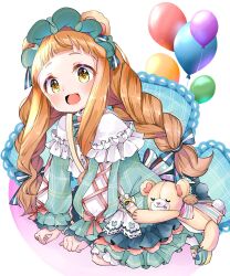 Rule 34 | 1girl, balloon, blue ribbon, blunt bangs, blush, bow, braid, brown hair, commentary, dot nose, dress, flat chest, frilled dress, frills, green dress, green footwear, green headdress, hair bow, hair ribbon, highres, ichihara nina, idolmaster, idolmaster cinderella girls, idolmaster cinderella girls starlight stage, long hair, long sleeves, looking at viewer, open mouth, ribbon, shoes, simple background, sitting, smile, solo, stuffed animal, stuffed toy, teddy bear, twin braids, twintails, white background, yellow eyes, yuanagae