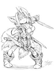 Rule 34 | 1girl, animal ears, arm up, armlet, armor, artist name, bad id, bad pixiv id, boots, breasts, cleavage, clenched teeth, collarbone, dagger, dual wielding, faulds, female focus, furry, furry female, greyscale, hair intakes, headband, highres, holding, holding weapon, horn, jpeg artifacts, knife, legend of mana, long hair, medium breasts, monochrome, pigeon-toed, seiken densetsu, sheath, shoulder armor, sierra (lom), signature, simple background, sketch, socks, solo, tail, tamanosuke, teeth, vambraces, weapon, white background, winged footwear