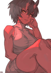 Rule 34 | 1girl, bare arms, bare shoulders, breasts, colored skin, dress, fingernails, grey hair, grey sweater, hand on own cheek, hand on own face, horns, kidouko (zakusi), large breasts, legs together, looking at viewer, oni, orange eyes, original, parted lips, red oni, red skin, short hair, signature, simple background, sitting, slit pupils, solo, sweater, sweater dress, symbol-only commentary, white background, zakusi