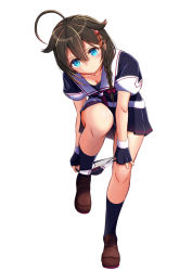 Rule 34 | 1girl, ahoge, black shirt, black skirt, blue eyes, blue socks, blush, bow, braid, breasts, brown footwear, brown hair, cleavage, closed mouth, collared shirt, full body, hair between eyes, hair bow, hair ornament, hair over shoulder, hairpin, kantai collection, kneehighs, loafers, long hair, looking at viewer, miniskirt, moke ro, panties, panty pull, pleated skirt, red bow, sailor collar, sailor shirt, shigure (kancolle), shirt, shoes, short sleeves, simple background, single braid, skirt, small breasts, socks, solo, standing, standing on one leg, underwear, white background, white sailor collar