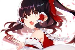 Rule 34 | 1girl, bare shoulders, black hair, brown eyes, brown hair, collar, collared dress, detached sleeves, dress, frills, gradient hair, hair between eyes, hair ornament, hair tubes, hakurei reimu, hand up, long sleeves, looking to the side, meary mem, multicolored hair, ofuda, open mouth, petals, ponytail, red dress, short hair, simple background, solo, touhou, upper body, white background, wide sleeves