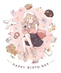 Rule 34 | 1girl, animal, apron, azusawa kohane, backwards hat, badge, baseball cap, bird, black hat, black skirt, blush, bouquet, bread, bread slice, button badge, camera, closed eyes, commentary, doll, double-parted bangs, dress, drink, drinking straw, english text, facing viewer, fishnet fabric, floating, floating object, flower, flying, food, frilled apron, frills, fruit, full body, grey footwear, grey jacket, grey ribbon, happy birthday, hat, heart, heart necklace, highres, holding, holding camera, hood, hood down, hood up, hooded jacket, ice, ice cube, jacket, jewelry, juice, leaf, light brown hair, long sleeves, loose socks, low twintails, midair, multicolored background, multicolored clothes, multicolored jacket, nana 07, necklace, open clothes, open jacket, open mouth, orange (fruit), orange juice, orange slice, paint on clothes, photo (object), pink background, pink flower, pink jacket, pleated skirt, project sekai, red dress, red hood, sheep, shirt, shirt tucked in, shoelaces, shoes, short hair, skirt, smile, socks, solo, triangle, twintails, twitter username, waist apron, water drop, white apron, white background, white footwear, white hat, white socks, wrapper, yellow shirt