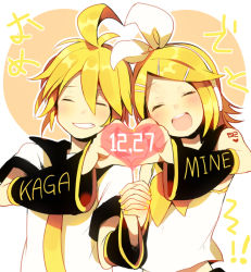 Rule 34 | 1boy, 1girl, :d, ahoge, blonde hair, brother and sister, closed eyes, dated, detached sleeves, grin, hair ornament, hair ribbon, hairclip, headphones, heart, heart hands, heart hands duo, hetero, hiyo kiki, holding hands, interlocked fingers, kagamine len, kagamine rin, nail polish, necktie, open mouth, ribbon, sailor collar, short hair, siblings, smile, tattoo, twins, vocaloid, yellow nails, yellow necktie