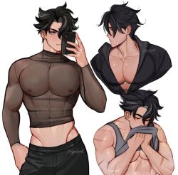 Rule 34 | 1boy, absurdres, artist name, bara, bare pectorals, black hair, black pants, black shirt, closed eyes, covered erect nipples, covered navel, earrings, genshin impact, grey hair, grey tank top, highres, holding, holding phone, jewelry, large pectorals, male focus, multicolored hair, muscular, muscular male, pants, pectorals, phone, scar, scar on arm, see-through, shirt, short hair, simple background, sippycupart, tank top, two-tone hair, white background, wriothesley (genshin impact)