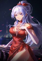 Rule 34 | 1girl, absurdres, bare shoulders, bow, breasts, commission, commissioner upload, dress, fire emblem, fire emblem: genealogy of the holy war, hair bow, hand on own chest, highres, ishtar (fire emblem), kozzz y, long hair, medium breasts, nintendo, purple eyes, red dress, red nails, side slit, solo, thighs