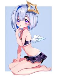 Rule 34 | 1girl, amane kanata, angel wings, arm support, bare arms, bare legs, bare shoulders, barefoot, bikini, bikini skirt, black bikini, blue background, blunt bangs, blush, border, breasts, closed mouth, expressionless, frilled bikini, frills, from side, full body, grey hair, hair between eyes, hair intakes, halo, hand on own thigh, hand to own mouth, hand up, hiroikara (smhong04), hololive, looking at viewer, medium hair, multicolored hair, narrow waist, navel, out of frame, outside border, pink eyes, ribs, seiza, simple background, sitting, small breasts, solo, star halo, streaked hair, swimsuit, virtual youtuber, white wings, wings