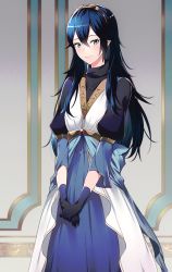 Rule 34 | alternate costume, ameno (a meno0), blue eyes, blue hair, dress, elbow gloves, fire emblem, fire emblem awakening, gloves, hair between eyes, highres, indoors, jewelry, long hair, long sleeves, looking at viewer, lucina (fire emblem), necklace, nintendo, smile, solo, symbol-shaped pupils, tiara
