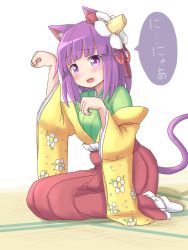 Rule 34 | 1girl, animal ears, blush, cat ears, cat tail, dadamori, embarrassed, floral print, flower, hair flower, hair ornament, hieda no akyuu, indoors, japanese clothes, kemonomimi mode, kimono, looking at viewer, nyan, open mouth, paw pose, purple eyes, purple hair, shadow, short hair, simple background, sitting, solo, speech bubble, tail, tatami, touhou, translated, wariza, white background