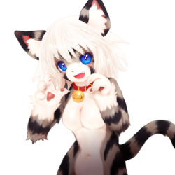 Rule 34 | 1girl, animal ear fluff, animal ears, animal nose, bell, blue eyes, body fur, breasts, cat, cat ears, cat girl, cat tail, claws, collar, fang, female focus, furry, furry female, hair between eyes, highres, karin (tashiro yuu), medium breasts, navel, neck bell, open mouth, simple background, solo, striped fur, tail, tashiro yuu, whiskers, white background, white hair