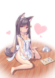 Rule 34 | 1girl, animal ears, apron, bowl, breasts, brown hair, chocolate, chocolate on body, chocolate on breasts, chocolate on clothes, chocolate on face, chocolate on legs, cookie cutter, cutting board, food, food on face, full body, heart, highres, jewelry, long hair, looking at viewer, medium breasts, messy, naked apron, necklace, original, purple eyes, sexually suggestive, sitting, spatula, tail, tenjou ryuka, valentine, wariza