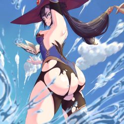 Rule 34 | 1girl, absurdres, artist request, ass, bare shoulders, black hair, book, breasts, elbow gloves, from behind, genshin impact, gloves, green eyes, hair ornament, hair ribbon, hat, highres, huge ass, leotard, long hair, looking at viewer, looking down, medium breasts, mona (genshin impact), nipple slip, nipples, outdoors, pantyhose, ribbon, shiny skin, sideboob, skindentation, solo, thighlet, torn clothes, torn pantyhose, twintails, very long hair, water