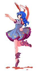 Rule 34 | 1girl, absurdres, ambiguous red liquid, animal ears, arm up, blue dress, blue hair, commentary request, crescent, dress, frilled dress, frills, full body, highres, kuya (hey36253625), leg ribbon, leg strap, leg up, long hair, moon rabbit, open mouth, pink footwear, pink ribbon, rabbit ears, rabbit girl, rabbit tail, red eyes, ribbon, seiran (touhou), simple background, star (symbol), star print, tail, tiptoes, touhou, white background