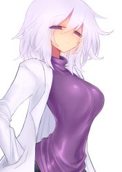 Rule 34 | 1girl, breasts, closed mouth, empty eyes, hand in pocket, kyuusui gakari, lab coat, looking at viewer, original, short hair, smile, solo, white background, white hair