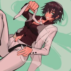 Rule 34 | 1girl, alternate costume, black hair, black shirt, breasts, chainsaw man, collared shirt, eyepatch, formal, green background, green eyes, highres, himeno (chainsaw man), holding necktie, jacket, liowig, looking at viewer, medium breasts, navel, necktie, pants, partially unbuttoned, shirt, short hair, simple background, smile, smoke, solo, suit, suit jacket, tongue, tongue out, white jacket, white necktie, white pants