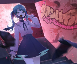 Rule 34 | 1girl, arm at side, bat (animal), blue eyes, blue hair, collared shirt, commentary request, fangs, flat chest, frilled shirt, frills, full moon, graffiti, hair ribbon, hand up, hatsune miku, highres, kabu (niniko2ko), long sleeves, mask, mask pull, moon, mouth mask, neck ribbon, night, red moon, ribbon, shirt, skirt, solo, stairs, standing, tongue, tongue out, twintails, two-sided fabric, two-sided skirt, vampire, vampire (vocaloid), vocaloid