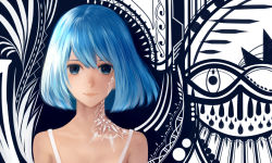 Rule 34 | 1girl, abstract background, bare shoulders, blue eyes, blue hair, facial mark, looking at viewer, matching hair/eyes, original, portrait, sakimori (hououbds), short hair, smile, solo, tattoo