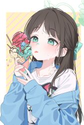 Rule 34 | 1girl, aibon, airi (band) (blue archive), airi (blue archive), aqua bow, aqua eyes, aqua halo, artist name, blue archive, blue jacket, blush, border, bow, brown hair, commentary request, food, hair bow, half updo, halo, holding, holding ice cream cone, ice cream, ice cream cone, jacket, long hair, looking at food, multicolored background, official alternate costume, open clothes, open jacket, shirt, single off shoulder, solo, sweat, t-shirt, tongue, tongue out, white border, white shirt