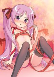 Rule 34 | 1girl, black thighhighs, blurry, blurry background, blush, box, breasts, christmas, closed mouth, commentary request, gift, gift box, hair ribbon, highres, hiiragi kagami, hotaru iori, ichimi renge, long hair, lucky star, naked ribbon, nose blush, purple eyes, purple hair, red ribbon, ribbon, sack, sitting, small breasts, solo, sweat, thighhighs, twintails, very long hair