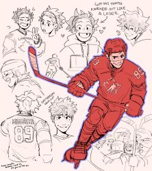 Rule 34 | 1boy, alternate costume, alternate universe, boku no hero academia, canada, character name, closed eyes, closed mouth, commentary, english commentary, english text, freckles, full body, gloves, grin, group hug, habkart, heart, highres, hockey stick, holding, hood, hood down, hoodie, hug, ice hockey, ice skates, male focus, midoriya izuku, missing tooth, monochrome, multiple views, open mouth, shirt, short hair, simple background, skates, smile, teeth, v