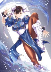 Rule 34 | 1girl, blue dress, blue fire, boots, bracelet, breasts, brown eyes, brown hair, brown pantyhose, bun cover, capcom, china dress, chinese clothes, chun-li, cross-laced footwear, double bun, dress, earrings, eyebrows, eyeshadow, fighting stance, fire, hair bun, jewelry, large breasts, lips, makeup, pantyhose, puffy short sleeves, puffy sleeves, sash, shingo (picturepuzzle), short sleeves, smile, solo, spiked bracelet, spikes, standing, standing on one leg, street fighter, street fighter ii (series), twitter username, white footwear