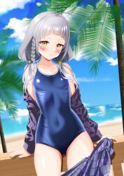 Rule 34 | 1girl, ahoge, alternate costume, arched bangs, beach, blue one-piece swimsuit, blue sky, blush, braid, cardigan, cloud, covered navel, grey hair, hair ornament, highres, hololive, looking at viewer, medium hair, murasaki shion, nail polish, one-piece swimsuit, palm leaf, palm tree, plaid, plaid skirt, purple cardigan, purple nails, purple skirt, sand, single braid, skirt, sky, solo, star (symbol), star hair ornament, surgate matias, swimsuit, tree, twin braids, virtual youtuber, water, yellow eyes