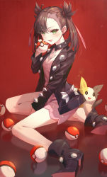 Rule 34 | 1girl, asymmetrical bangs, black footwear, black hair, black jacket, black nails, boots, breasts, cleavage, collar, creatures (company), dress, fingernails, game freak, gen 8 pokemon, green eyes, hand up, highres, holding, holding poke ball, jacket, long hair, long sleeves, looking at viewer, marnie (pokemon), morpeko, morpeko (full), nail polish, nintendo, open clothes, open jacket, pink dress, poke ball, poke ball (basic), pokemon, pokemon (creature), pokemon swsh, red background, reflection, reflective floor, sitting, small breasts, tongue, tongue out, ttutto, twintails