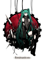 Rule 34 | 1girl, arisaka ako, bad id, bad pixiv id, boots, dress, elbow gloves, female focus, full body, gloves, green eyes, green hair, hairband, hatsune miku, highres, long hair, matching hair/eyes, sitting, solo, thighhighs, torn clothes, twintails, very long hair, vocaloid