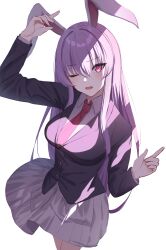 Rule 34 | 1girl, absurdres, anima miko, arm up, collared shirt, highres, long hair, long sleeves, looking at viewer, necktie, one eye closed, purple hair, rabbit ears, reisen udongein inaba, shirt, simple background, skirt, solo, standing, touhou, white background, white shirt