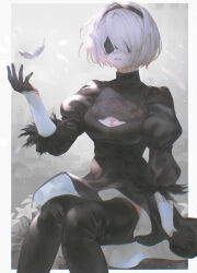 Rule 34 | 1girl, artist name, black dress, blindfold, boots, breasts, cleavage, cleavage cutout, clothing cutout, dress, feather trim, feathers, flower, gloves, gradient background, hair ornament, hairband, hand up, highres, light smile, lips, long sleeves, medium breasts, nier:automata, nier (series), parted lips, puffy sleeves, short dress, short hair, signature, simple background, sitting, solo, thigh boots, turtleneck, white hair, yct (yoct o), 2b (nier:automata)