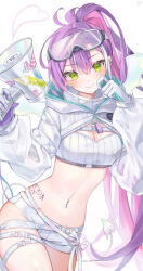 Rule 34 | 1girl, absurdres, blue gloves, blush, breasts, cleavage, demon girl, demon tail, demon wings, gloves, green eyes, heart, highres, holding, holding megaphone, hololive, megaphone, multicolored hair, navel piercing, official alternate costume, piercing, pink hair, pointy ears, purple gloves, purple hair, shorts, small breasts, smile, snow goggles, solo, streaked hair, tail, tokoyami towa, tokoyami towa (5th costume), two-sided gloves, virtual youtuber, white background, white gloves, white shorts, white shrug, wings, xivi9