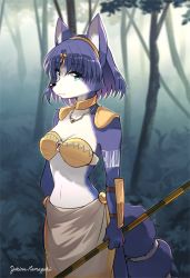 Rule 34 | 1girl, :3, animal ears, animal nose, arm at side, arm tattoo, armor, artist name, bandeau, blue fur, blue hair, body fur, breasts, bush, choker, circlet, closed mouth, collarbone, cowboy shot, crystal, day, female focus, forest, fox ears, fox girl, fox tail, furry, furry female, gem, gold, green eyes, hair intakes, hand on own hip, happy, highres, holding, holding polearm, holding weapon, jewelry, krystal, loincloth, looking at viewer, medium breasts, namagaki yukina, nature, navel, necklace, nintendo, outdoors, polearm, red gemstone, short hair, shoulder armor, signature, smile, snout, solo, standing, star fox, star fox adventures, stomach, tail, tattoo, tree, two-tone fur, vambraces, weapon, white fur, yellow bandeau, yellow choker