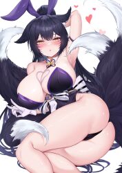 1girl absurdres animal_ears arm_behind_head arm_up armpits ass azur_lane bare_legs bare_shoulders bell black_hair black_leotard blush breasts cleavage collarbone commentary_request deogho_(liujinzy9854) facial_mark fake_animal_ears floppy_ears fox_tail gloves highres huge_breasts korean_commentary leotard long_hair looking_at_viewer lying multiple_tails musashi_(azur_lane) musashi_(the_purple_rabbit&#039;s_marksmanship)_(azur_lane) neck_bell official_alternate_costume official_alternate_hairstyle on_side open_mouth paid_reward_available playboy_bunny ponytail rabbit_ears simple_background solo strapless strapless_leotard tail thighs twisted_torso v very_long_hair white_background white_gloves yellow_eyes