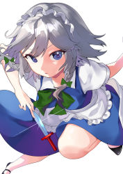 Rule 34 | 1girl, absurdres, akaneko016, apron, between fingers, blue dress, blue eyes, braid, diffraction spikes, dress, foreshortening, frills, from above, full body, glint, grey hair, highres, holding, holding knife, izayoi sakuya, knife, looking at viewer, maid headdress, medium hair, puffy short sleeves, puffy sleeves, short sleeves, simple background, solo, throwing knife, touhou, twin braids, waist apron, weapon, white apron, white background