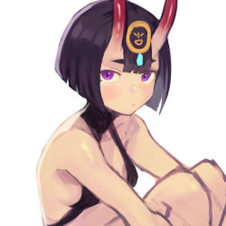Rule 34 | 1girl, bare shoulders, breasts, closed mouth, fate/grand order, fate (series), headpiece, highres, horns, looking at viewer, oni, purple eyes, purple hair, revealing clothes, short hair, shuten douji (fate), sitting, skin-covered horns, slit pupils, small breasts, solo, sookmo, white background
