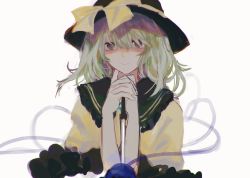 Rule 34 | 1girl, bad id, bad twitter id, black hat, blouse, bow, closed mouth, frilled shirt collar, frilled sleeves, frills, green eyes, green hair, hair over eyes, hands up, hat, hat bow, head rest, highres, holding, holding knife, interlocked fingers, knife, komeiji koishi, koyomiyoko o, long sleeves, looking at viewer, medium hair, own hands together, shaded face, shirt, simple background, smile, solo, third eye, touhou, upper body, white background, wide sleeves, yellow bow, yellow shirt