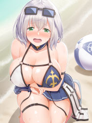 Rule 34 | 1girl, ball, beach, beachball, bikini, bikini skirt, blush, breast hold, breasts, cleavage, commentary, day, goggles, goggles on head, green eyes, hair between eyes, highres, hololive, kneeling, large breasts, looking at viewer, mole, mole on breast, official alternate costume, open mouth, outdoors, shinki (shinki59), shirogane noel, shirogane noel (summer 2020), short hair, silver hair, skindentation, solo, sweat, swimsuit, tareme, tears, thigh strap, thighs, two-tone bikini, untied bikini, virtual youtuber, white footwear