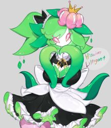Rule 34 | breasts, cleavage, cleavage cutout, clothing cutout, colored skin, creatures (company), crown, flower, game freak, green skin, heart, heart cutout, heart hands, highres, hisuian lilligant, large breasts, leaf, leaf on head, maid, maid headdress, monster girl, nintendo, pink eyes, plant girl, pokemon, pokemon (creature), side ponytail, thighhighs, togetoge, wide hips