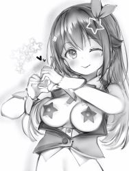 Rule 34 | 1girl, absurdres, breasts, breasts out, collared shirt, covered erect nipples, cropped shirt, cropped vest, diamond hair ornament, greyscale, hair ornament, hair ribbon, hairclip, heart, heart hands, highres, hololive, long hair, looking at viewer, medium breasts, monochrome, nanashi (nlo), nipples, pasties, ribbon, shirt, simple background, sleeveless, sleeveless shirt, solo, star (symbol), star hair ornament, tokino sora, tokino sora (1st costume), vest, virtual youtuber, white background, white shirt