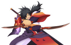 Rule 34 | 1boy, absurdres, black hair, hair over one eye, highres, japanese clothes, long hair, male focus, official art, rokurou rangetsu, simple background, solo, sword, tales of (series), tales of berseria, weapon, white background, yellow eyes