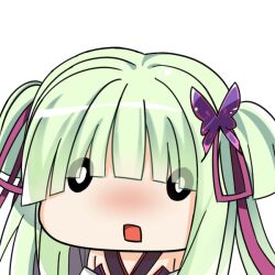 Rule 34 | 1girl, blunt bangs, blush, butterfly hair ornament, chibi, clip studio paint (medium), close-up, commentary request, eyes visible through hair, green eyes, hair ornament, hair ribbon, long hair, looking at viewer, makochan42, murasame (senren), o o, open mouth, red ribbon, ribbon, senren banka, sidelocks, solo, square mouth, surprised, transparent background, two side up