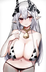 Rule 34 | 1girl, 3:, absurdres, animal print, arknights, arm behind back, bare shoulders, bell, bikini, blush, breasts, cleavage, closed mouth, collarbone, cow print, cowboy shot, earrings, grey hair, hair ornament, hand on own chest, highres, horns, jewelry, large breasts, long hair, looking at viewer, material growth, mismatched bikini, mudrock (arknights), navel, neck bell, oripathy lesion (arknights), pointy ears, red eyes, simple background, solo, swimsuit, touko (toko12 tooko), very long hair, white background