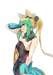 Rule 34 | 1girl, absurdres, animal ears, atalanta (fate), bad id, bad pixiv id, bare shoulders, blonde hair, cat ears, cat tail, detached collar, detached sleeves, dress, covered erect nipples, fate/apocrypha, fate (series), flat chest, from side, green eyes, green hair, hair between eyes, hair bobbles, hair ornament, highres, long hair, looking at viewer, multicolored hair, open mouth, sidelocks, solo, strapless, strapless dress, tail, very long hair, wwwazxc