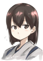 Rule 34 | 1girl, absurdres, alternate hair length, alternate hairstyle, artist logo, black eyes, black hair, dated, expressionless, fyuo, highres, japanese clothes, kaga (kancolle), kantai collection, looking at viewer, short hair, simple background, solo, tasuki, upper body, white background