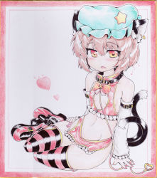 Rule 34 | 1girl, blush, boots, breasts, brown eyes, brown hair, chen, collar, condom, condom wrapper, detached collar, detached sleeves, earrings, fang, heart, jewelry, looking at viewer, multiple girls, multiple tails, nail polish, navel, okiraku nikku, open mouth, panties, shikishi, short hair, skirt, small breasts, solo, star (symbol), striped clothes, striped panties, tail, thighhighs, touhou, traditional media, two tails, underwear